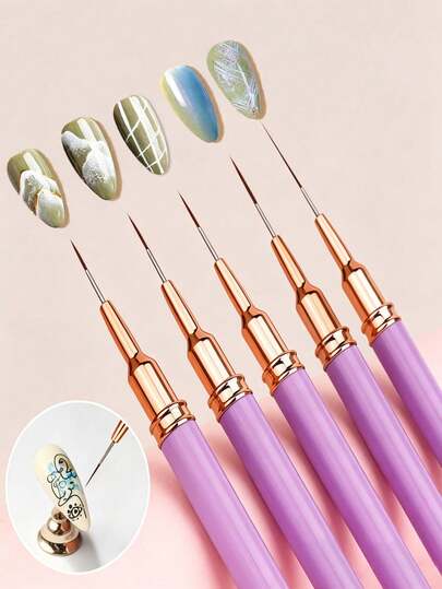 5-Pcs Nail Line Brush Set Slender Line Stripe Paintbrush UV Gel Painting Nail Design Pen Professional Nail Tools,Suitable For Nail Art Starter Manicure Salon Home DIY For Girls Women