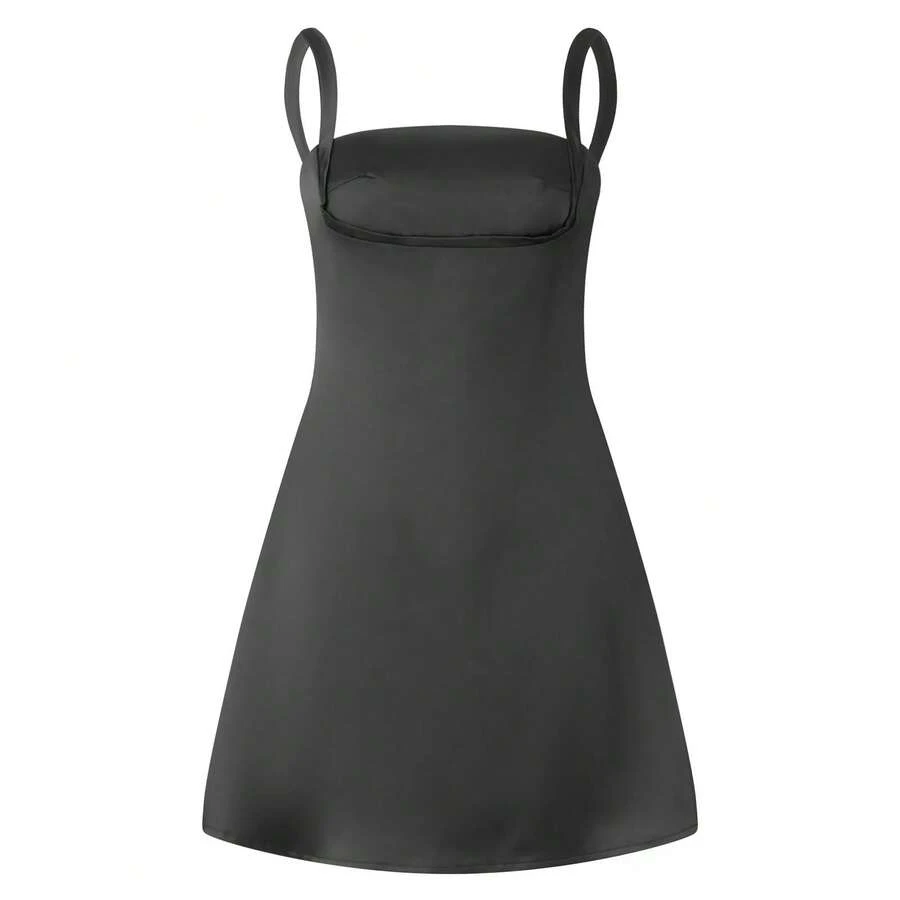 Combhasaki-Vestido corto sin mangas de corte bajo para mujer, minivestido Sexy de Color liso con cuello cuadrado y cintura alta, para fiesta de verano - Negro - Ver 1