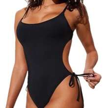 Women's Side Cutout Lace-Up One Piece Swimsuit, Scoop Neck Spaghetti Strap Monokini With Tie Side, High Cut Cheeky Bathing Suit, Tummy Control Swimwear For Summer Beach & Pool - 藏青色2683-2 - 查看 5