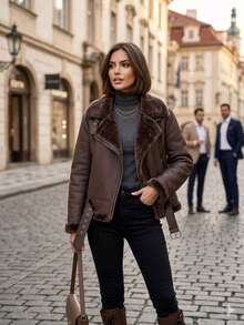 Plush-Lined Jacket With Zipper, Warm Faux Leather Aviator Jacket, Winter 2026, Stylish Fur Coat. - 棕色 - 查看 1