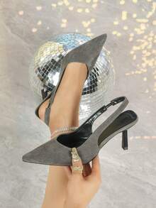 7cm Grey Suede High Heel Pumps, Pointed Toe Slingback Party Wedding Formal Shoes - Grey - View 1