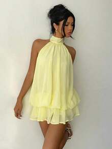 Vestido mini elegante de gasa con lazo  en color amarillo mantequilla para mujer, vestido para citas, vestido para para mujer, atuendos para luna de miel, vestido de invitada de boda, atuendos para vac - Amarillo claro - Ver 6