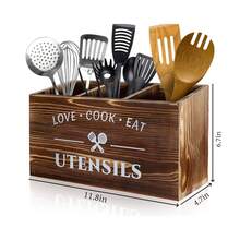 1pc Rustic Wooden 3-Compartment Cutlery Organizer Box, Wall-Mounted Utensil Storage Box With "LOVE COOK EAT" Design, Suitable For Kitchen And Dining Room, Kitchen Organization And Storage, Kitchen Accessories - Brown - View 3