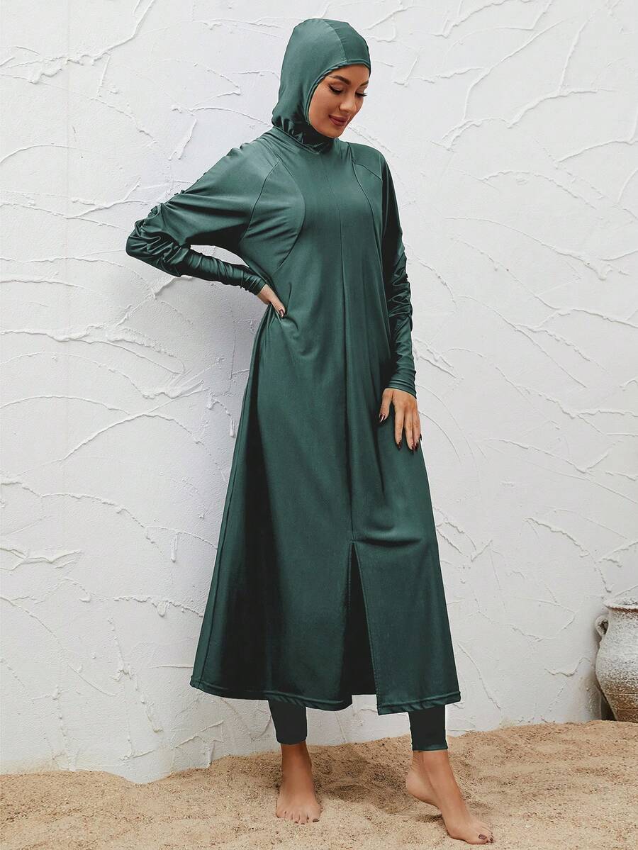 VFJ Đồ bơi Burkini nữ thanh lịch che kín toàn thân màu xanh lá cạp cao, cổ tròn, chi tiết khóa kéo, chất vải co giãn cao, phong cách kín đáo cho kỳ nghỉ bơi lội