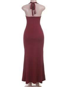 Sensual Fitted Dress With Halter Neck And Combined Lace - 酒紅色 - 查看 7
