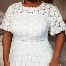 Plus Size Women's Lace A-Line Dress, Party Short Petal Sleeve Dress With Lining, Birthday Gift Elegant Summer - Blanco - Ver 5