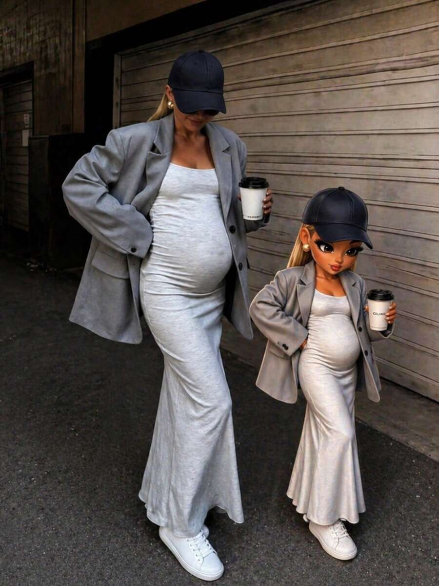 Comfortable Round Neck Sleeveless Maxi Maternity Dress, Made Of High-Stretch Fabric, Designed Specifically For Pregnant Women Summer - Grey - View 1