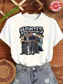 One Piece, Beautiful Blouses For Women, Women's Clothing Sets, Local Store, 180G Black And White Homies T-Shirt, Printed With Gang Pattern, High Quality Print, Round Neck, Basic Loose Fit, For Men And Women, Breathable, Versatile, Machine Washable, Comfortable, Size S ~ 2XL, Daily, Casual, Sporty, Summer Essential. - trắng - Xem 3