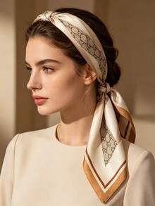 Moemton Elegante sciarpa in raso beige crema con motivo monogramma retrò, foulard da collo, accessorio per borse, versatile per lavoro, brunch e outfit serali - Albicocca - Visualizzare 4