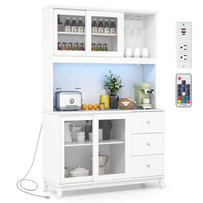 Kitchen Pantry Storage Cabinet Kitchen Hutch With LED Lights & Power Outlet