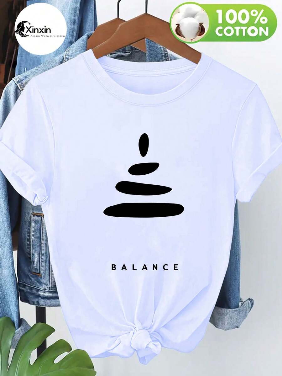 Camiseta cómoda de mujer 100% pura que muestra una piedra de equilibrio y la palabra 'equilibrio' en mi diseño. Es suave, transpirable, y perfecto para el uso casual de verano, hine lavable, y yo para el uso diario tanto dentro como Ouide