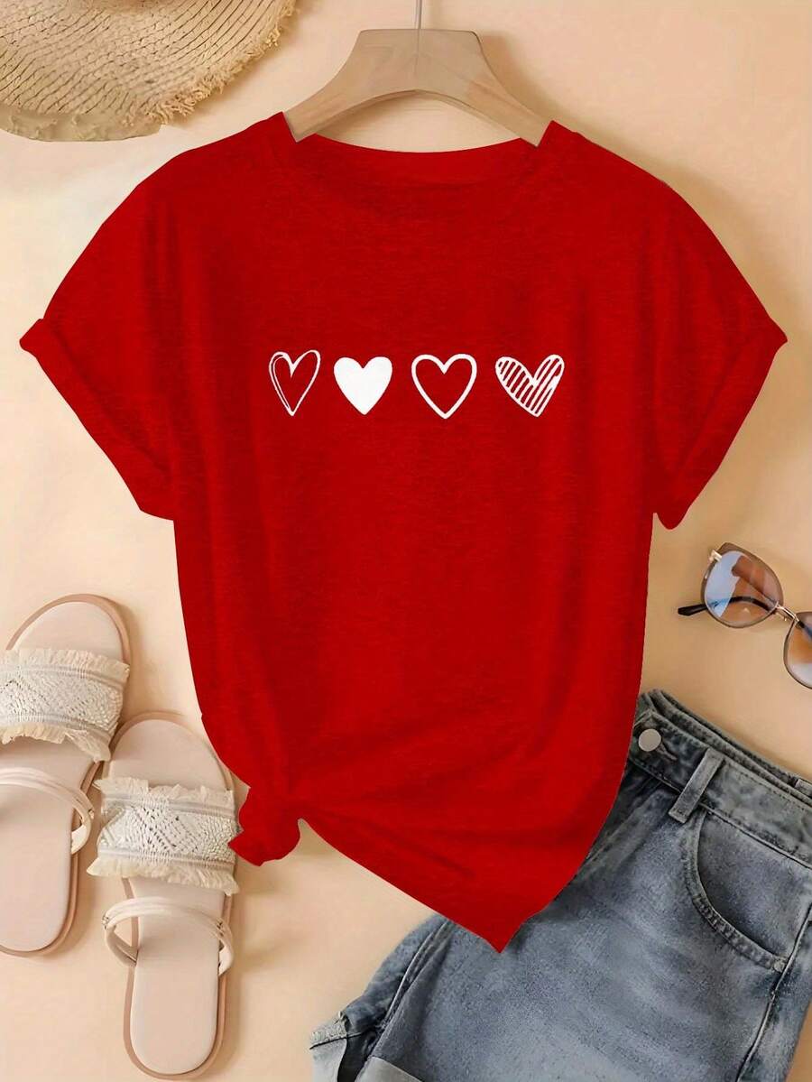 Camiseta de manga corta de gran tamaño para mujer - Estampado de corazones en verde y blanco, tela suave y transpirable, corte holgado, cuello redondo, blusa casual de verano para vacaciones de primavera/verano, camiseta opaca y cómoda para uso diario (lavable a máquina) -- Camiseta unisex de algodón de manga corta y cuello redondo, estilo vintage urbano. - Rojo - Ver 1