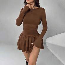 Robe mini marron en maille à manches longues, jupe à volants étagés & bustier transparent pour looks de boîte de nuit et de soirée Y2K, respirante - Rose bonbon - Voir 9