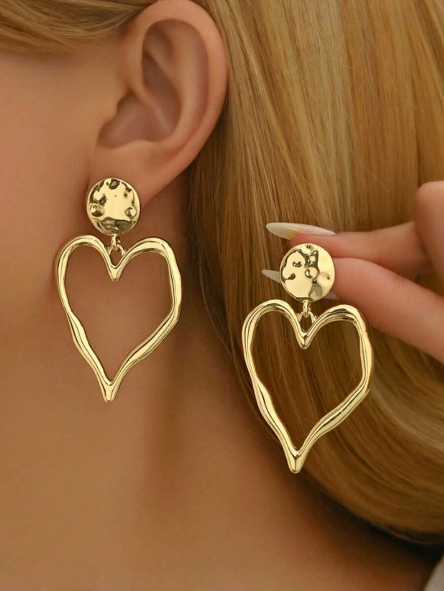1 par de pendientes elegantes con forma de corazón dorado para mujeres - Diseño asimétrico, adecuado para uso casual o fiestas - Dorado - Ver 1