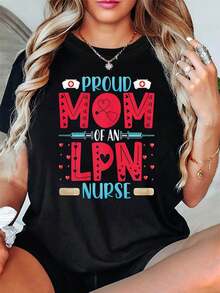 Proud Mom Nurse Graphic Print T-Shirt | Women's Spring-Summer Short Sleeve Crew Neck Casual T-Shirt, Daily Leisure, Holiday Gift, Nurses Day Outfit - 黑色 - 查看 1