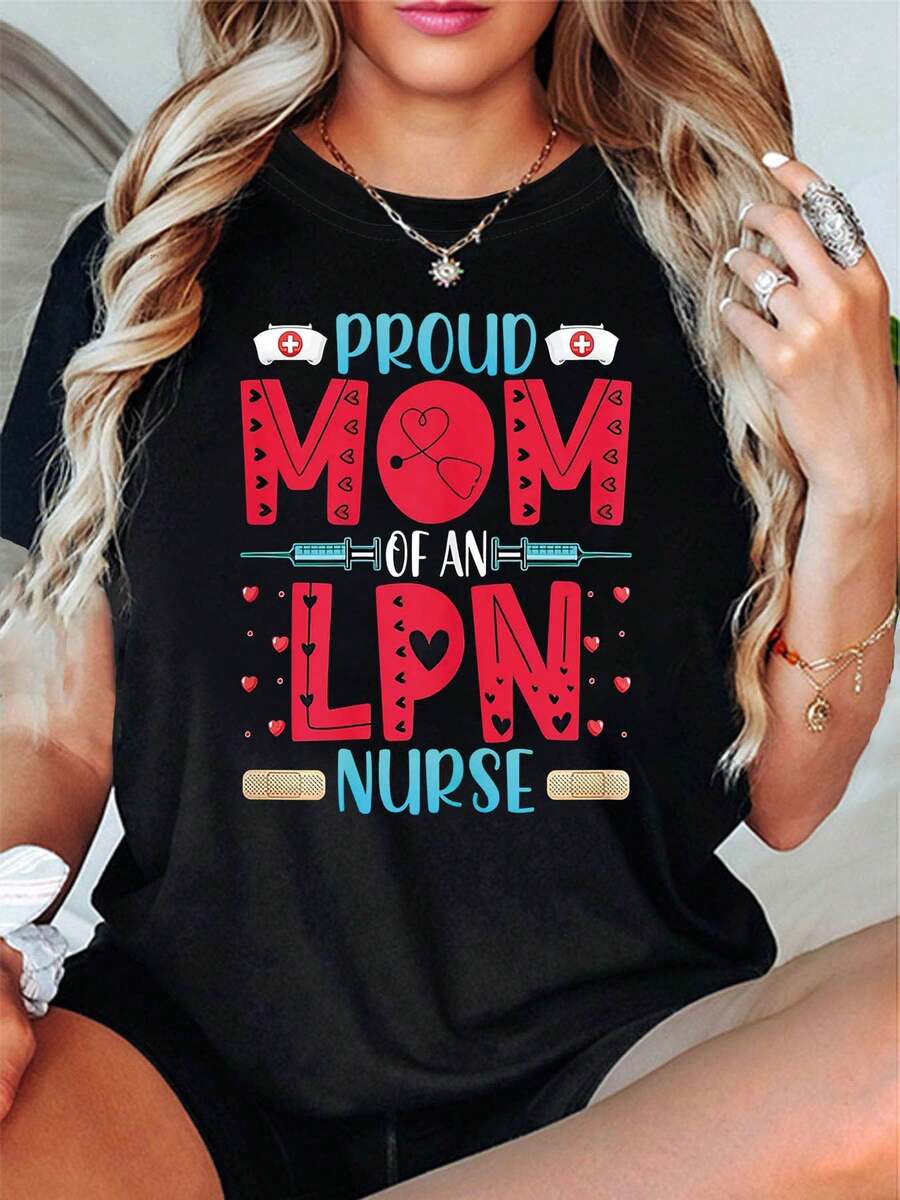 Proud Mom Nurse Graphic Print T-Shirt | Women's Spring-Summer Short Sleeve Crew Neck Casual T-Shirt, Daily Leisure, Holiday Gift, Nurses Day Outfit - 黑色 - 查看 1