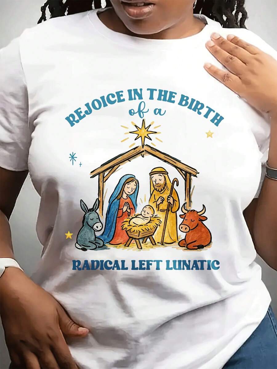 Camiseta casual de moda de cuello redondo de las mujeres de Navidad | Con patrones de escena de Navidad y el tema del nacimiento de Cristo, cuello de tripulación, tejido estirable ligero, Sves corto, toda la temporada