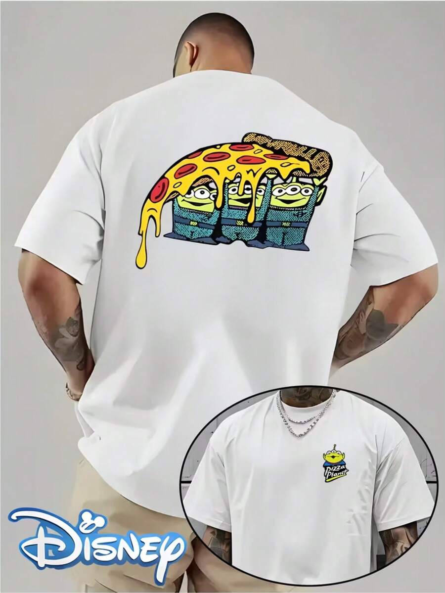 Disney Authorized, Toy Story Alien Pizza Battle Pattern Printing, Men's Short-Sleeved T-Shirt, Round Neck Design, Machine Washable, Comfortable And Casual Wear, Men's T-Shirt. - trắng - Xem 1