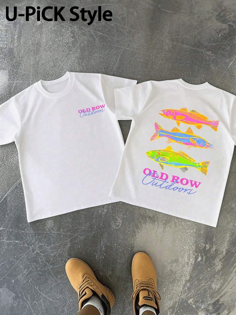 1pc 2026 Summer 100% Cotton Graphic Tee OLDROW Outdoors Colorful Fish Trio Humorous Graphic T Shirt Crew Neck All Season Casual Sports TeeFather's Day - 白色 - 查看 1