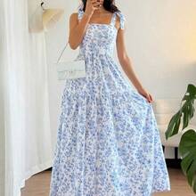 French Elegant Ruched Bustier Flared Dress, Blue Floral Print, Sleeveless, Summer New Arrival - Azul y blanco - Ver 4
