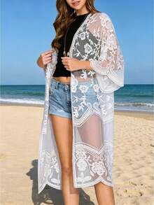 Women Casual Beachwear Cardigan, Solid Color 3/4 Sleeve See-Through Embroidery Flower Cover-UpCoachela Festival Dress Cover Up, Swimsuits For Woman, Bathing Suits For Women,Trajes De Baño Mujer - 白色 - 查看 1