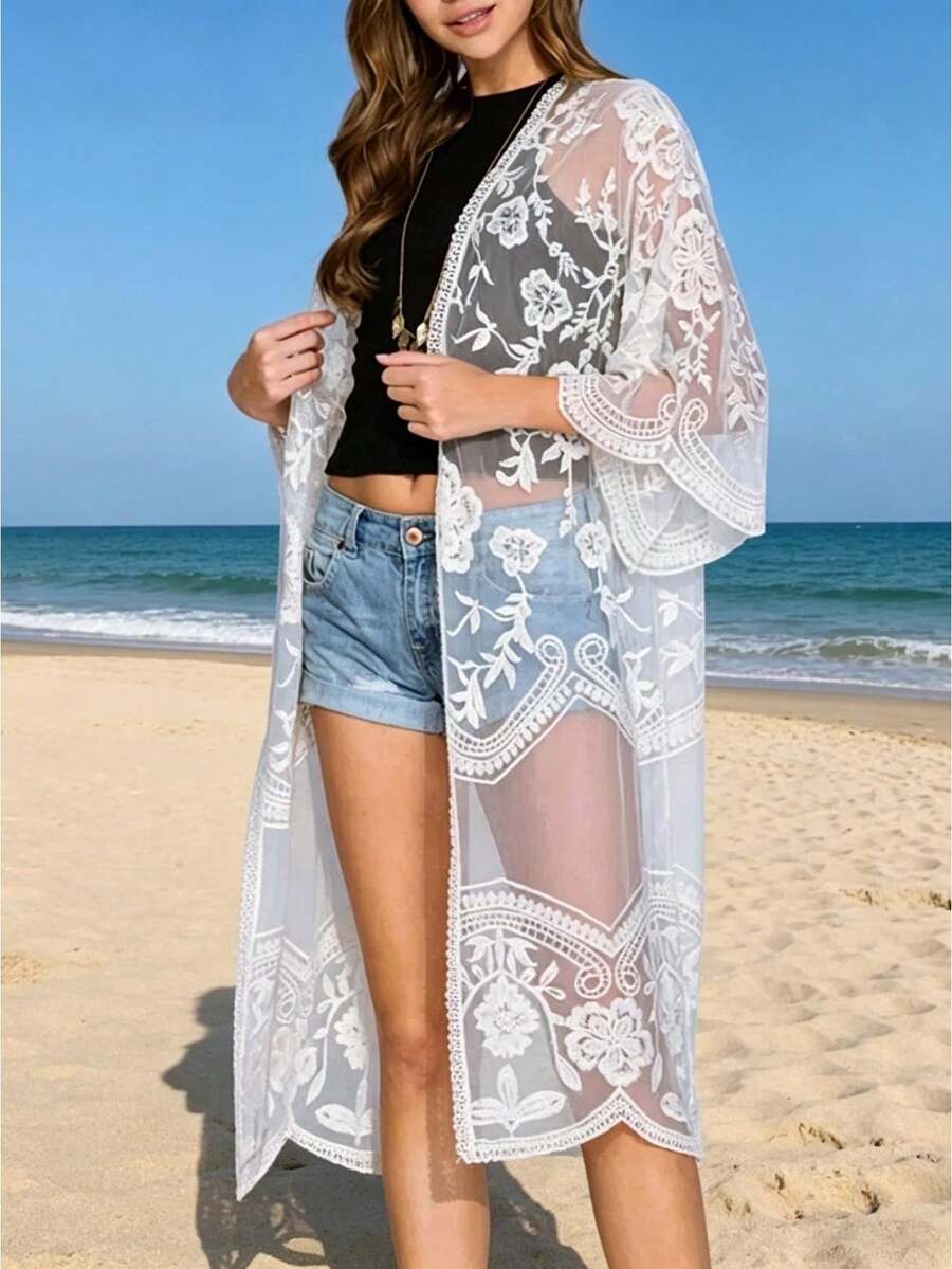Women Casual Beachwear Cardigan, Solid Color 3/4 Sleeve See-Through Embroidery Flower Cover-UpCoachela Festival Dress Cover Up, Swimsuits For Woman, Bathing Suits For Women,Trajes De Baño Mujer - 白色 - 查看 1