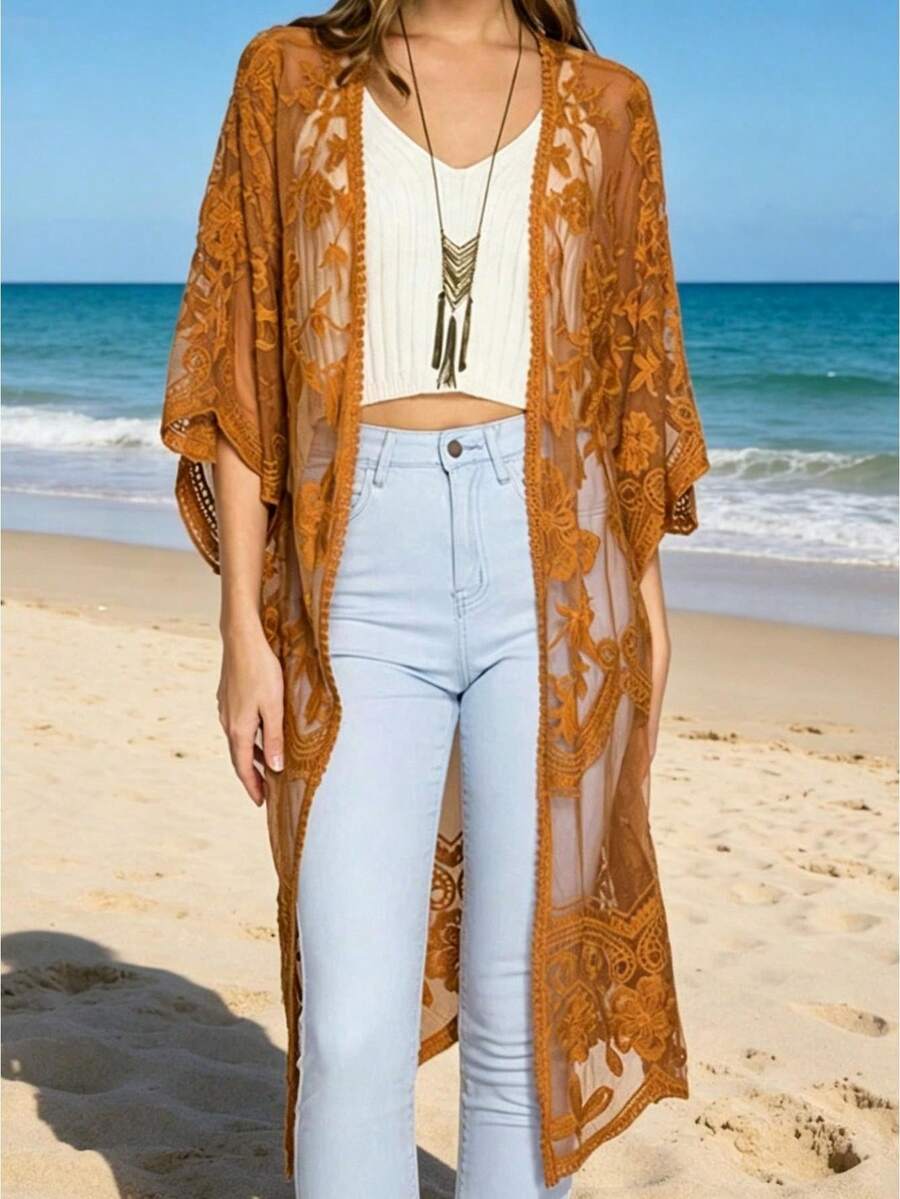 Women Casual Beachwear Cardigan, Solid Color 3/4 Sleeve See-Through Embroidery Flower Cover-UpCoachela Festival Dress Cover Up, Swimsuits For Woman, Bathing Suits For Women,Trajes De Baño Mujer - 黃色 - 查看 1