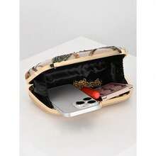 Elegant Shiny Multi-Color Leaf & Floral Patchwork Crossbody Clutch Bag, Vintage Chain Strap Mini Square Box Bag Suitable For Party, College Students, Career Women, Perfect For Party, Wedding, Randomly Patterned - 金色 - 查看 3