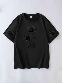 Camiseta de manga corta con cuello redondo y estampado de rosas, talla grande, versátil y práctica, ideal para la temporada de regreso a clases y la temporada festiva, color negro casual - Negro - Ver 2