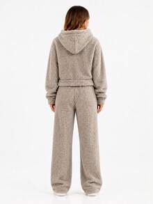 Women's Winter Plush Teddy Fashion Casual Comfortable Set – Hooded Jacket + Warm Pants - Xám - Xem 4
