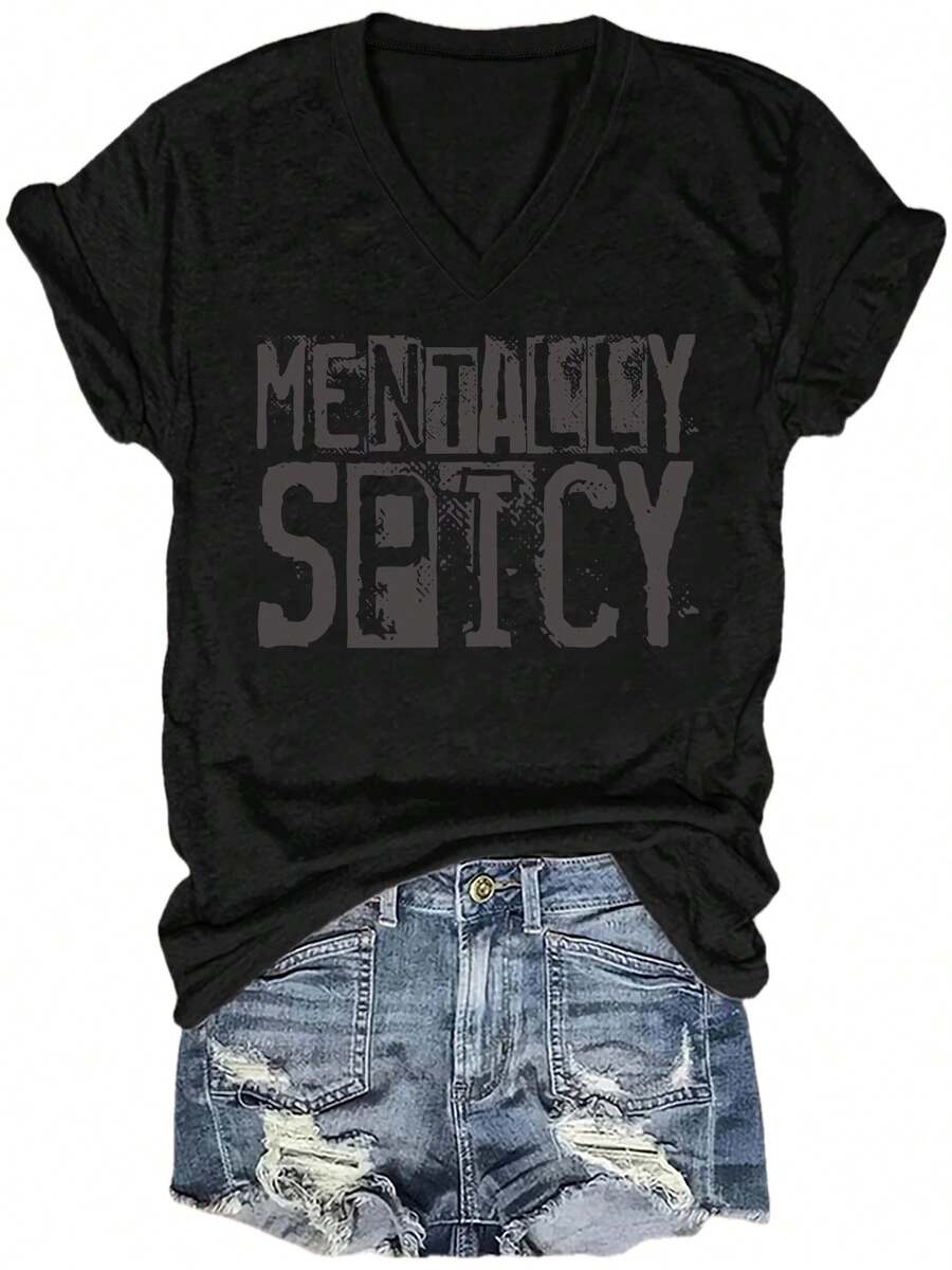 Camiseta de moda de mujer con diseño impreso, camiseta de manga corta casual con cuello en V para mujer.