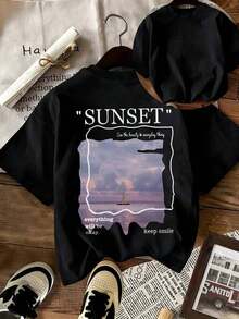 Camiseta de manga corta para mujer con cuello redondo y estampado de letras, estilo casual de verano. Camiseta estampada para mujer, ideal para vacaciones, top negro 100% algodón. - Negro - Ver 7