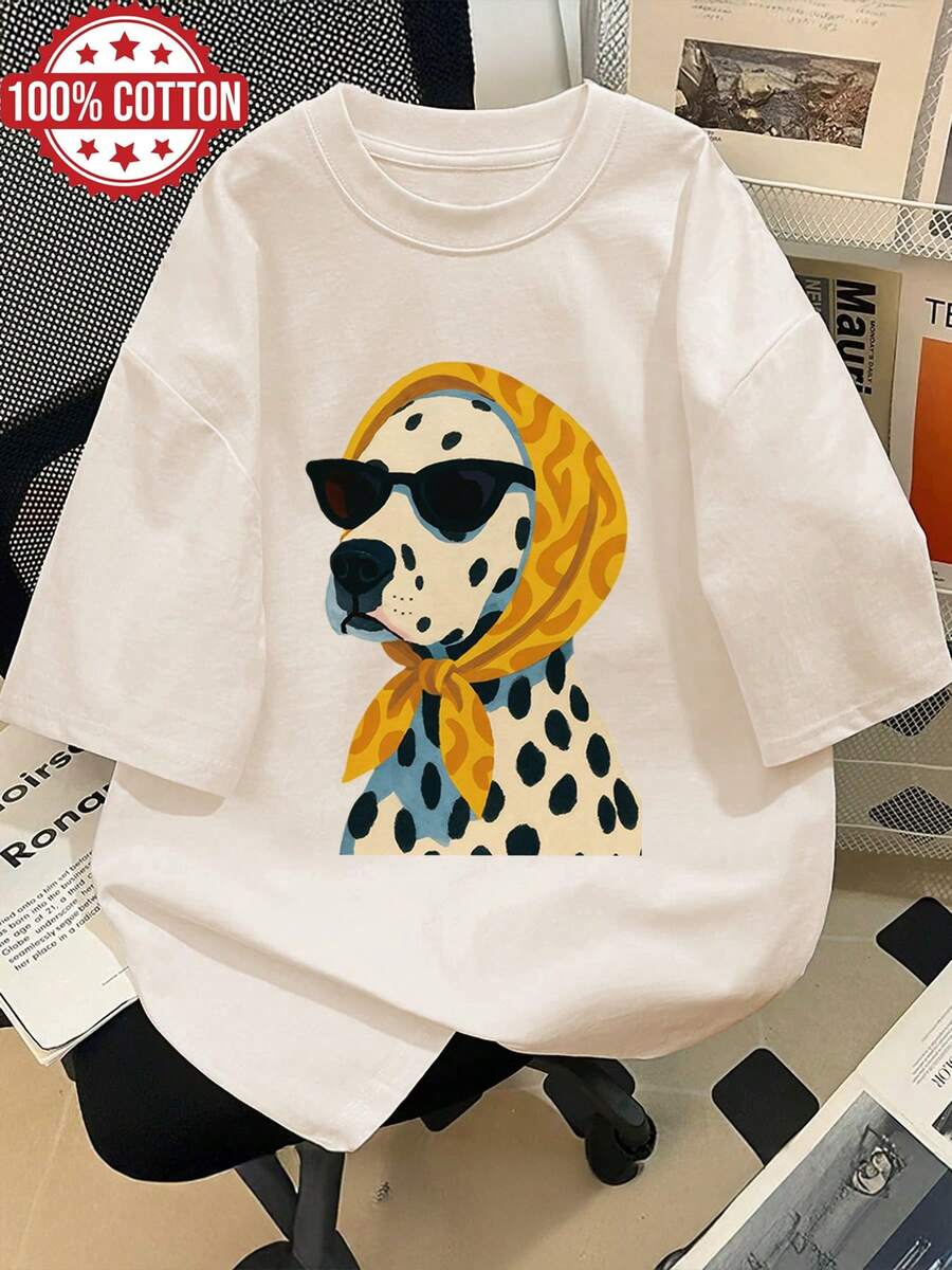 Ropa de mujer, ropa de primavera/verano, estilo pintado a mano con estampado de perro manchado, pañuelo para la cabeza, gafas de sol, moda, camiseta holgada de manga corta con cuello redondo, estampada, de algodón puro, de gran tamaño, con hombros caídos [Su K] camisas de mujer - Albaricoque - Ver 1