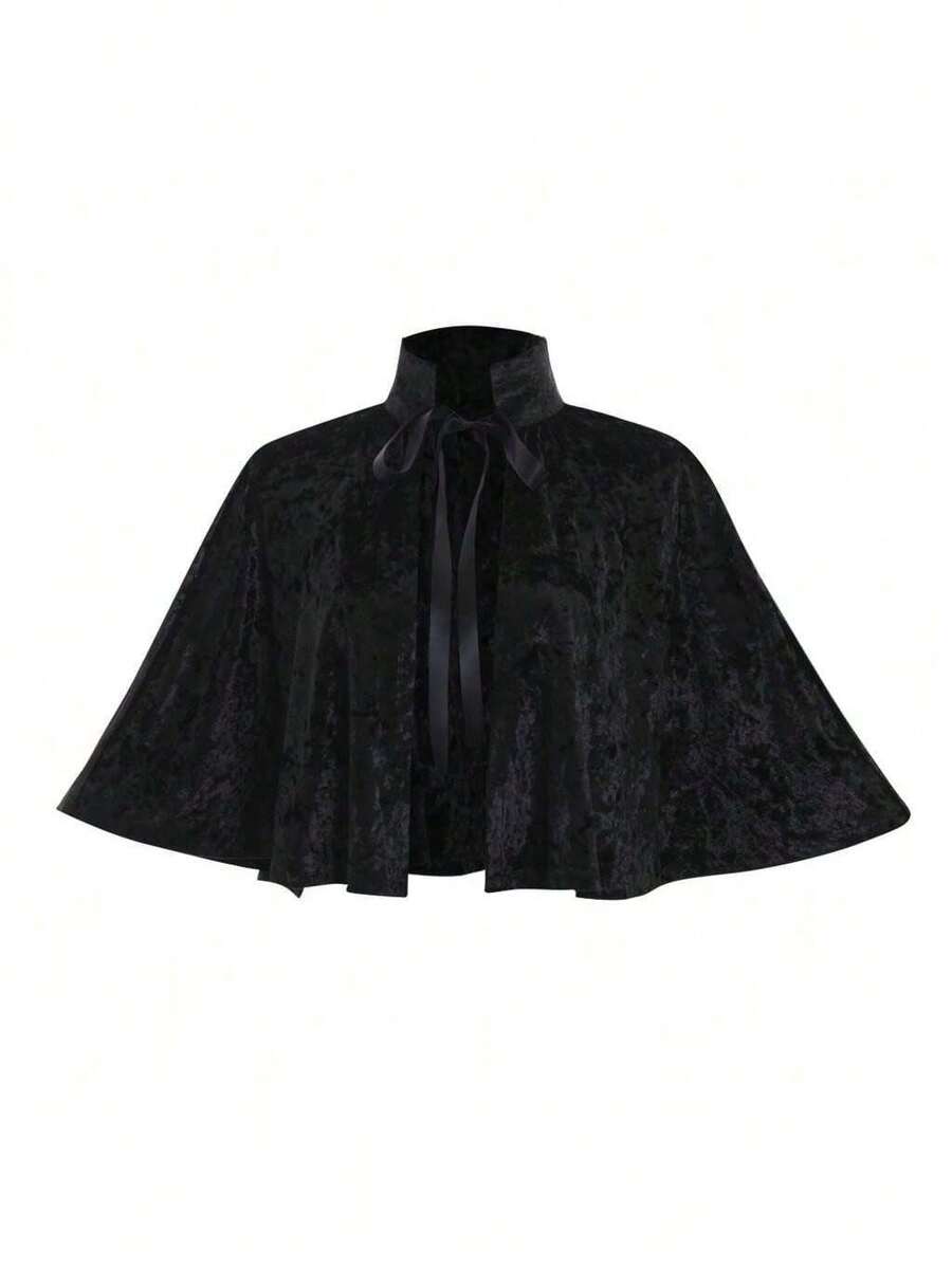 Short Shawl-Style Cape For Women, Renaissance Medieval Halloween Costume Accessory - Black - View 1