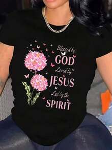 Mujeres POR DIOS. AMADAS POR JUEZUS. ILUMINA EL ESPÍRITU. Camiseta estampada de manga corta y cuello redondo, estilo casual y a la moda, ajuste cómodo, lavable a máquina, ropa de primavera y verano para mujer, adecuada para reuniones familiares y viajes. - Negro - Ver 6