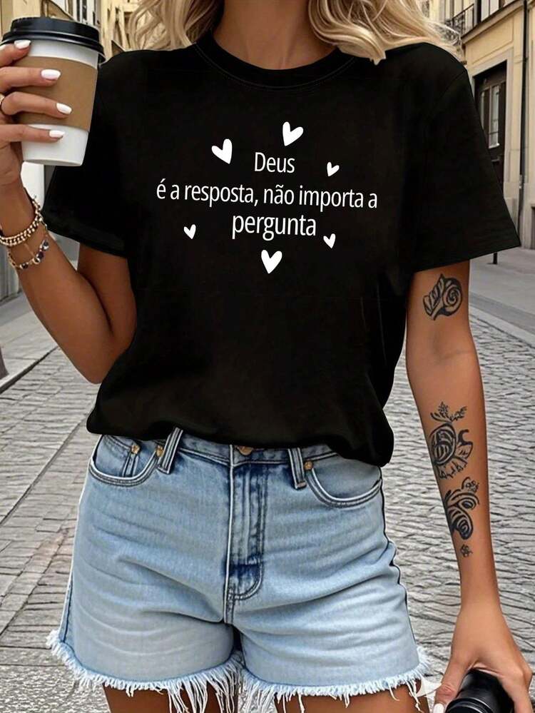 Portuguese God Is The Answer Print T - Women's Spring Summer Short Sleeve Crew Neck T-Shirt - Daily Leisure, Holiday Gift - 黑色 - 查看 1