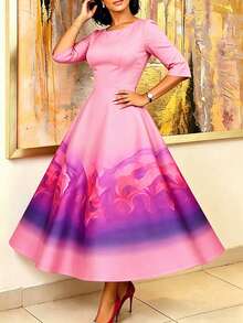 Elegantes Damen Kleid mit Farbverlauf Blume Muster, rundem Ausschnitt, Langarm, leicht dehnbarem Stoff, Urlaubsrosa, Knielang - Pink - Übersicht 2