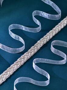 1pc Elegant Affordable Price Rhinestone Wedding Sash Belt, Handmade White Organza Ribbon Waistband For Bridal Gown, Prom & Banquet,Party,Birthday - White Organza - View 3