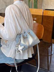 1pc Solid Color Washed Denim Fabric Rivet Embellished Bucket Bag With Pendant, Metal Chain Drawstring Buckle, New Fashion Casual Women's Mini Shoulder Bag - Blue - View 2