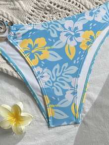 Bộ bikini mới với họa tiết hoa và dây đeo hình vỏ sò, áo bikini gợi cảm và quần bikini màu trơn, thích hợp cho bãi biển, tiệc bể bơi và kỳ nghỉ. - Màu xanh nhạt - Xem 7