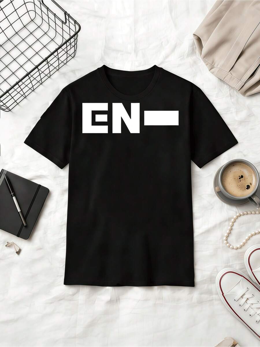 Minimal White EN Typography Simple Cotton Summer Short Sleeve T-Shirt - Black - View 1