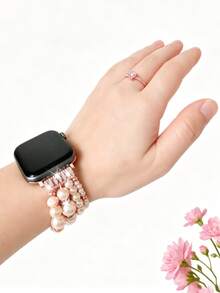 Beaded Bracelet, Compatible With Apple Watch Bands 38mm 40mm 41mm 42mm 44mm 45mm 46mm 49mm, Women Natural Stone Beads Elastic Strap, Matching Pink Pearl Pendant Bracelet, Suitable For Apple Watch Series SE 9 8 7 6 5 4 3 2 1, Fits 5.5 To 6.2 Inch Wrists - Pink - View 5