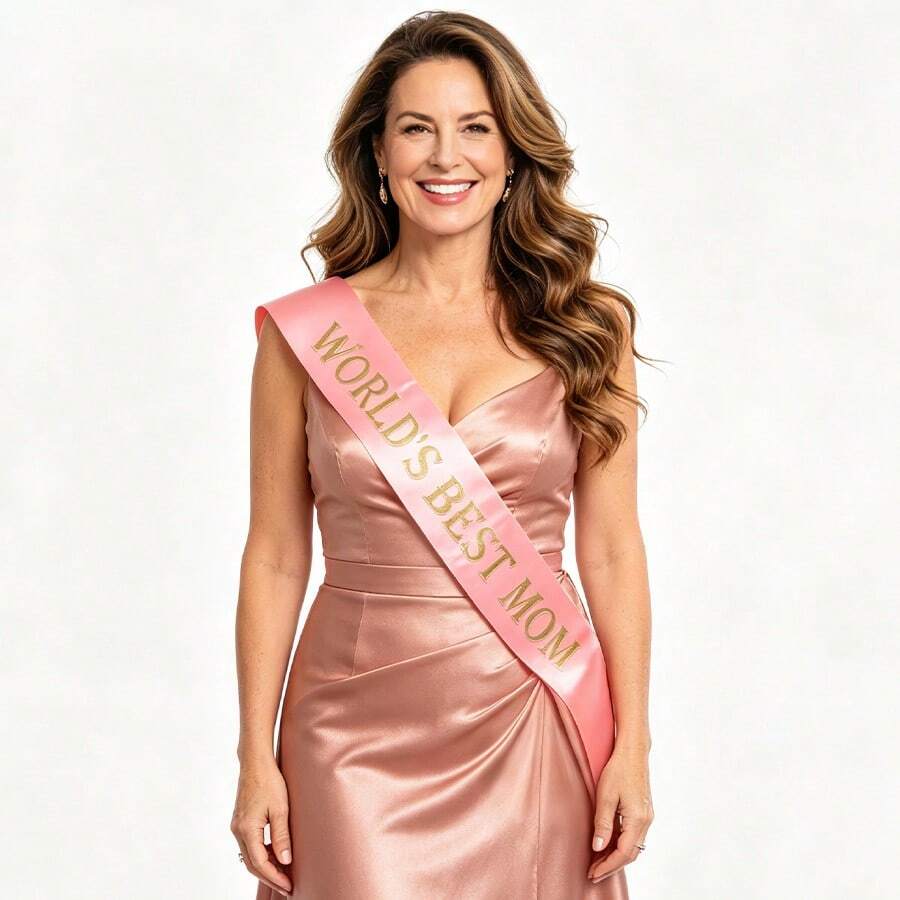 1条80厘米母亲节主题缎带，缎面材质，玫瑰金“WORLD'S BEST MOM”烫印，柔粉色设计，质地光滑，适合母亲节庆祝活动、派对拍照和节日场合。 - 肩帶 - 查看 1