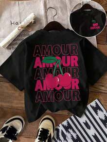 Ropa de vacaciones, primavera y resort para mujer, camiseta gráfica de cerezo de primavera, camiseta gráfica Y2K, camiseta gráfica rosa, blusas de manga corta lindas de verano - Negro - Ver 3