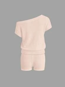 Women's Casual Beach Set - Solid Color Off-Shoulder Knit Top And Straight Leg Shorts, Suitable For Spring And Summer Wear - Rosa - View 6