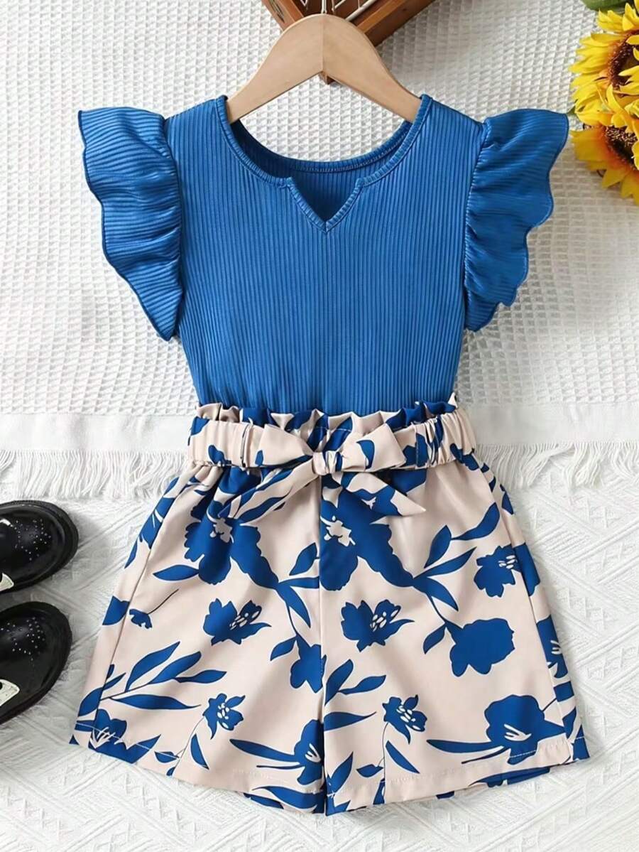 2pcs Girls Summer Fashion Ribbed Top & Printed Shorts Set, Suitable For Outdoor And Daily Wear - Royal Blue - View 1