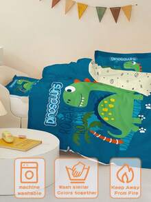 2PCS Cute Green Dinosaur Toddler Bedding Set - Reversible Blue & Beige Kids Duvet Cover With Pillowcase, "ROAR" Print Soft Breathable Bed Sheets For Baby Boys Girls Bedroom Decor 100x120cm - Multicolor - View 4