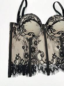 Top corset con adorno de encaje floral para mujer, elegante y casual para el verano - Negro 2 - Ver 5