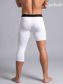 Zenbolt Men Asymmetrical Single Leg Compression Tights, Black One Leg Capri Leggings Sports Base Layer For Basketball & Gym - White - View 3