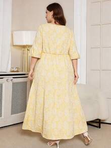 DEARCASE Plus Size Floral Jacquard Ruffle Sleeve Dress Vacation - Yellow - View 2